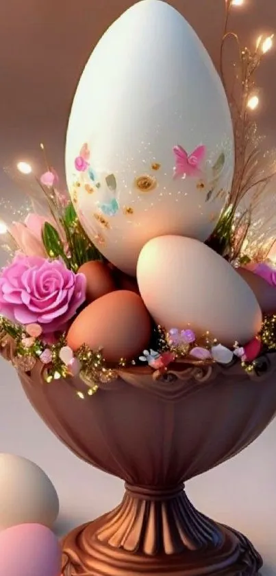 Elegant Easter egg display with pink flowers and soft lighting.