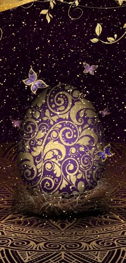 Luxurious wallpaper with a golden egg and purple background.