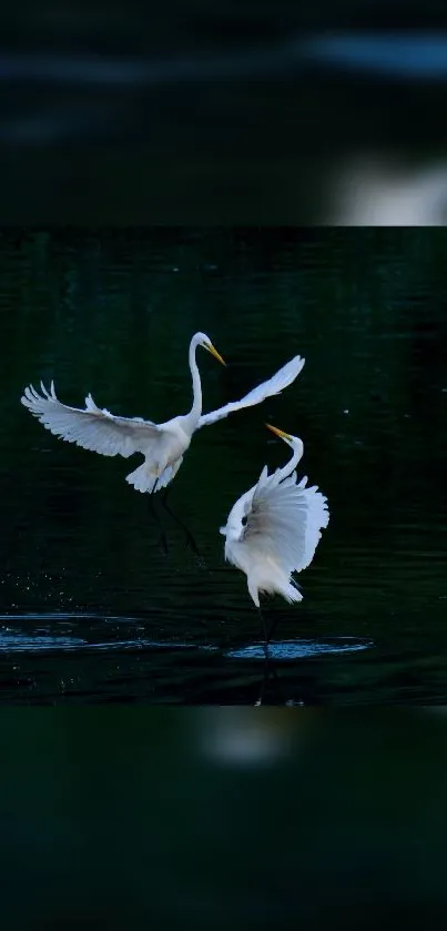 Two egrets gracefully flying over a dark blue lake, creating a serene scene.