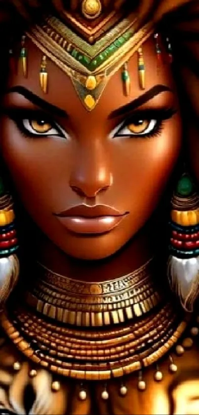 Artistic depiction of an Egyptian queen with intricate jewelry and rich brown tones.