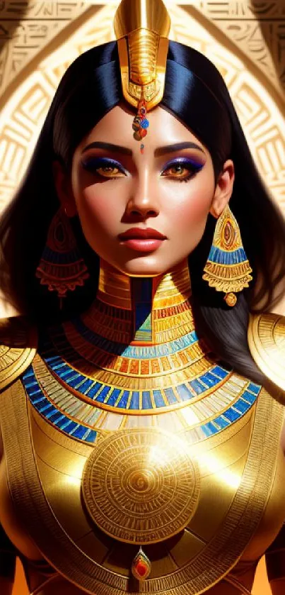 Elegant portrayal of an Egyptian queen with golden attire.