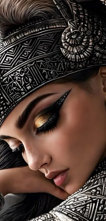 Intricate Egyptian-style portrait with silver jewelry