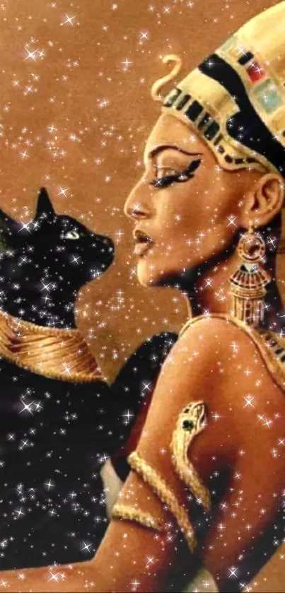 Elegant Egyptian woman with a cat in a sparkling background.