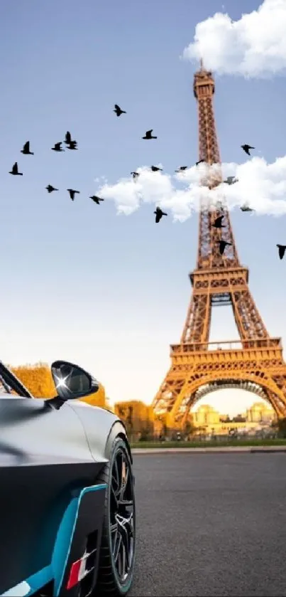 Wallpaper of a sleek car with Eiffel Tower and birds.