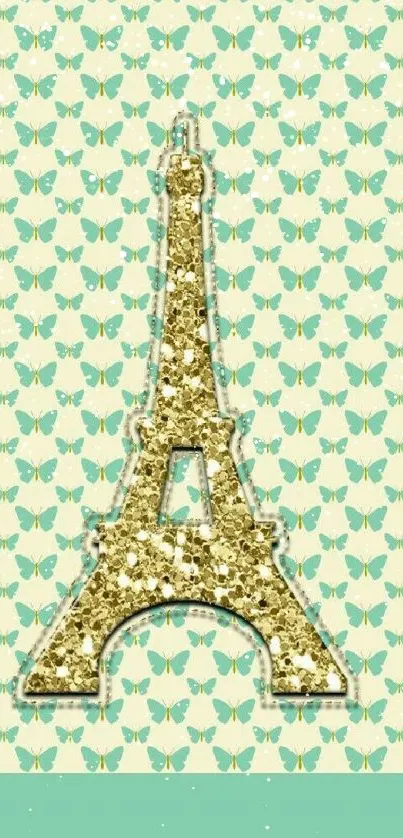 Gold Eiffel Tower with butterflies on pastel background wallpaper.