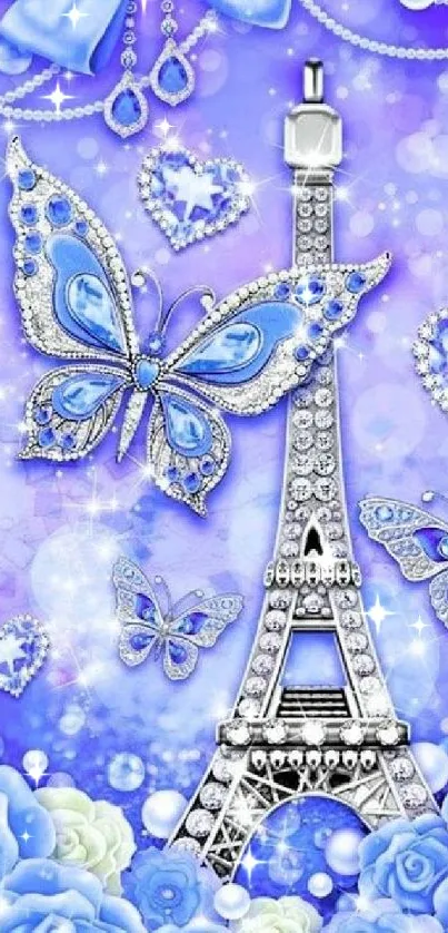 Elegant wallpaper with Eiffel Tower, butterflies, and roses in blue and purple hues.