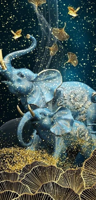 Blue elephants and gold accents in artistic wallpaper.