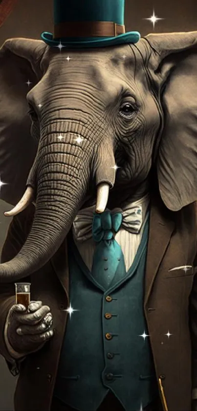 An elephant wearing a teal suit, holding a glass.