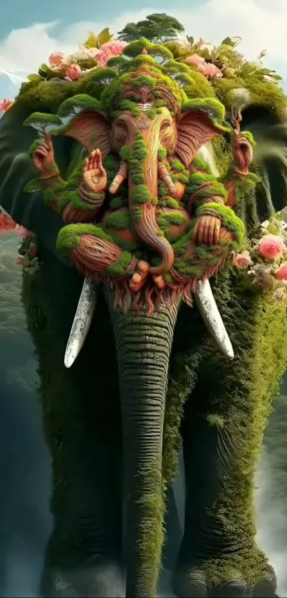 Artistic elephant with floral elements and greenery