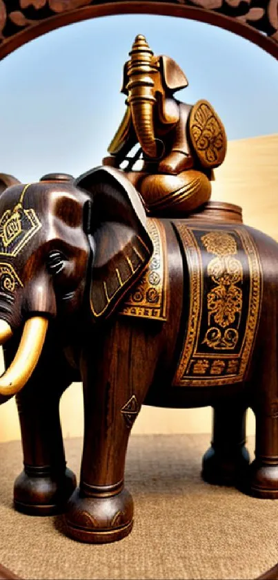 Intricately carved wooden elephant sculpture on display.