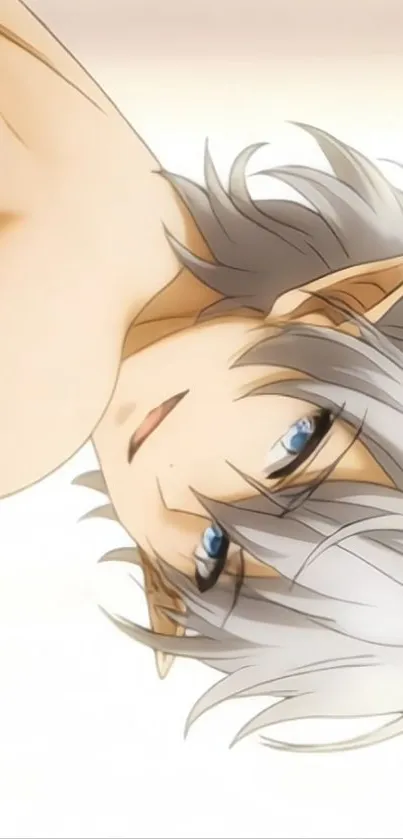 Anime elf character with silver hair and blue eyes.