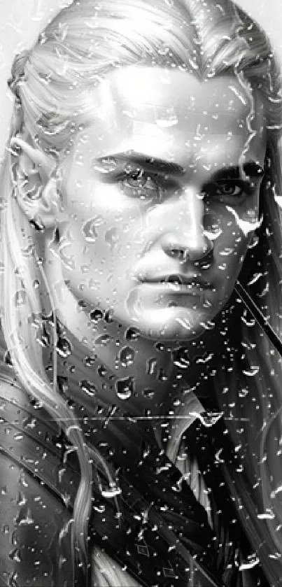 Elegant grayscale fantasy elf warrior portrait for mobile wallpaper.