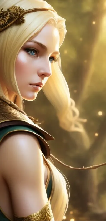 Elf warrior with blonde hair in a mystical forest setting.