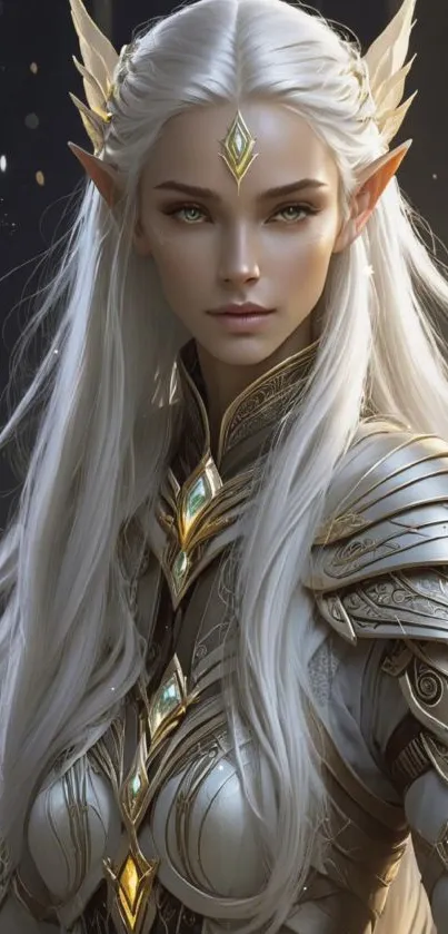 Elegant elven warrior with intricate armor and silver hair in a fantasy setting.