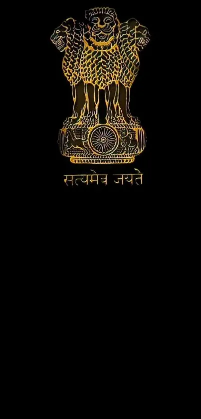 Ashoka Pillar emblem on black wallpaper with golden design.