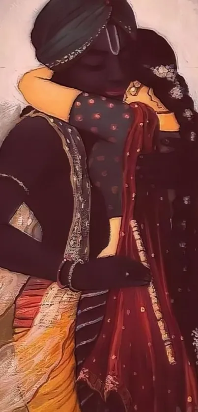 Artistic depiction of an embracing couple in traditional attire with vibrant colors.