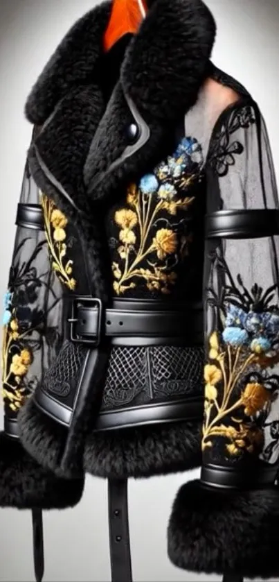 Elegant sheer jacket with floral embroidery and fur accents.