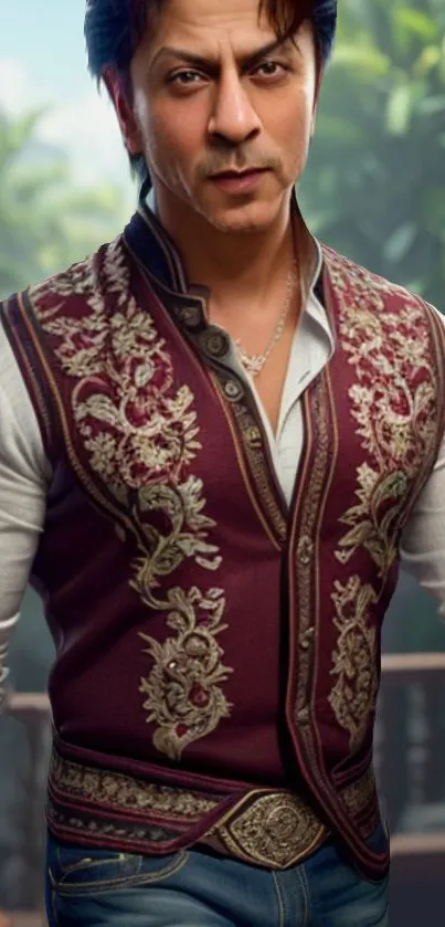 Man in a stylish burgundy embroidered vest with intricate details.