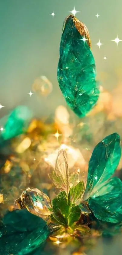 Emerald green crystals with glowing light effect create an elegant mobile wallpaper.