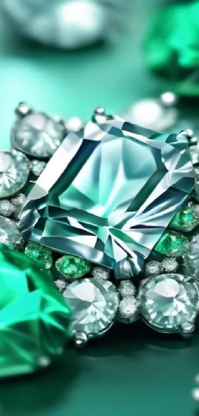 Emerald gemstone and diamonds on mobile wallpaper.