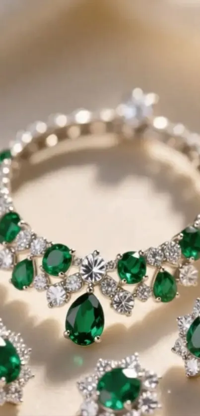 Emerald and diamond jewelry on gold background.