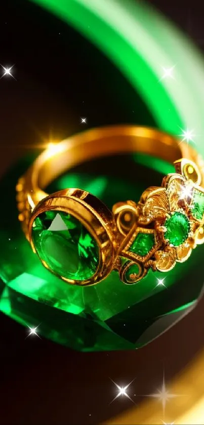 Luxurious gold ring with emerald gemstone on display.