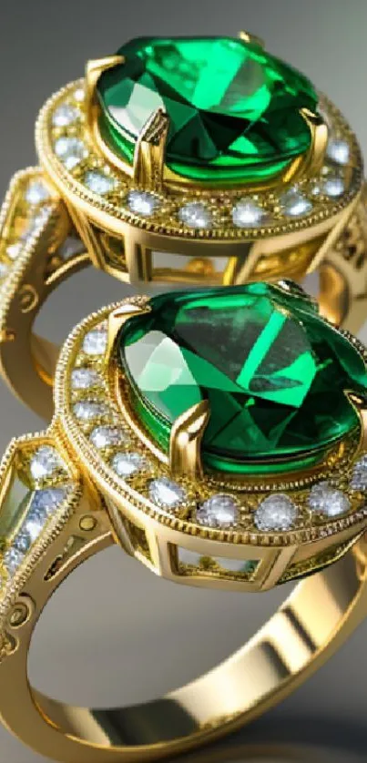 Elegant gold rings with vibrant emerald stones.