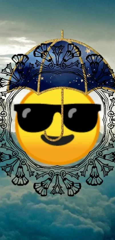 Stylized emoji with sunglasses under a blue ornate umbrella.