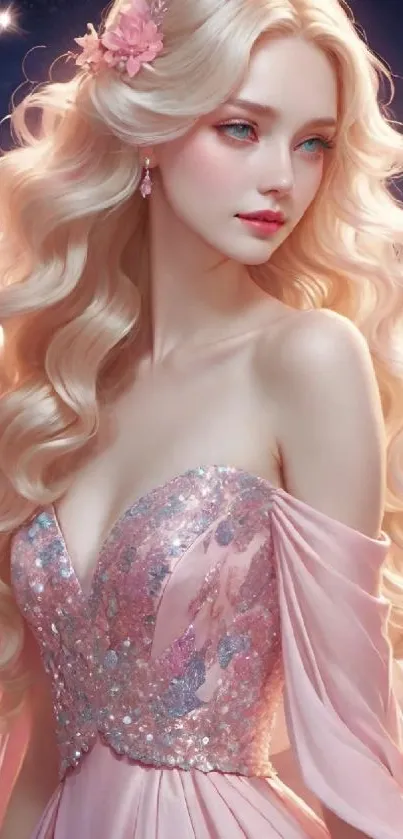 Ethereal blonde princess in sparkling gown with cosmic background.