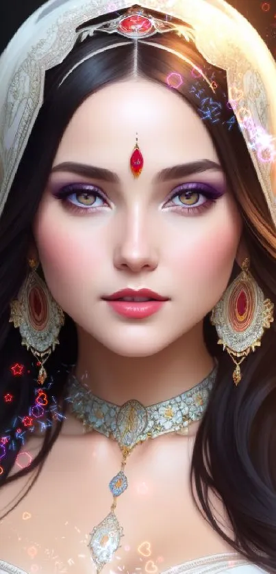 Enchanted portrait with ornate jewelry and captivating eyes.