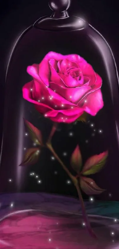 Vibrant pink rose under a glass dome with magical sparkles.