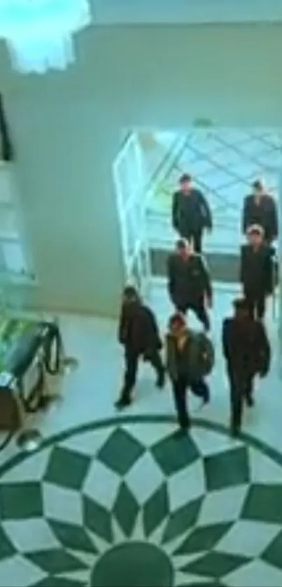 Elegant entrance with geometric floor and a group of men walking in.