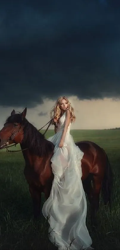 Woman in a white gown on a horse under dark skies.