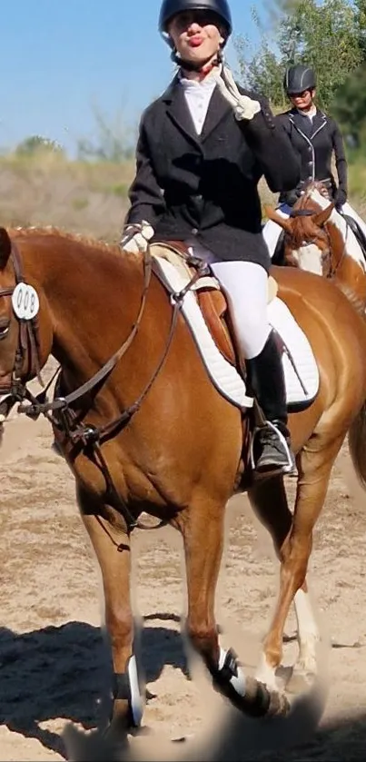 Equestrian riders performing in a sunlit competitive event.