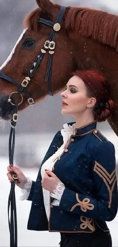 Woman in navy coat with horse on snowy day.