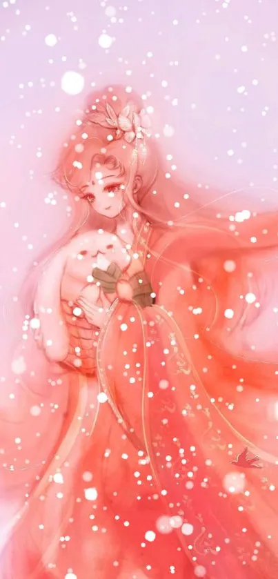 Elegant anime character in pink ethereal robes.