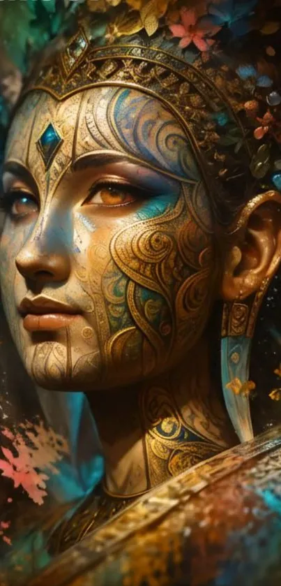 Ethereal portrait with ornate gold patterns and colorful accents.