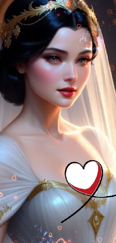 Ethereal bride with gold headpiece and elegant gown in mobile wallpaper.