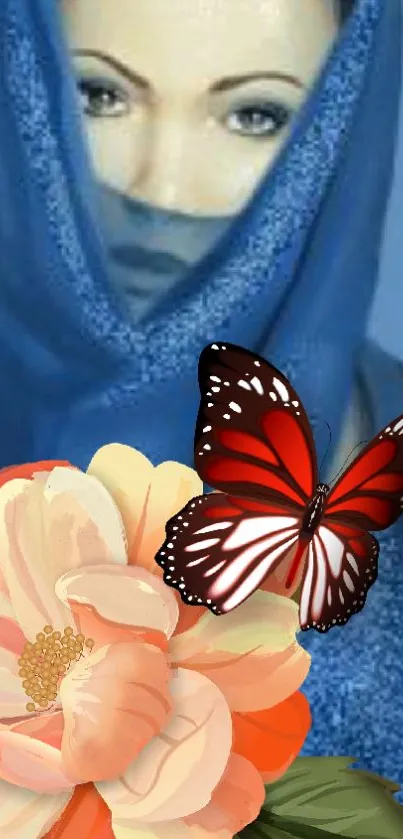 Mysterious veiled woman with vibrant butterfly and flowers.