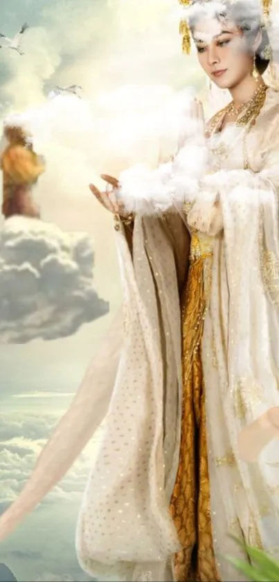 Ethereal goddess in clouds with serene sky and mystical elements.