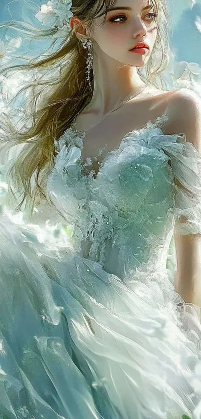 Ethereal girl in a dreamy, flowing dress with flowers.