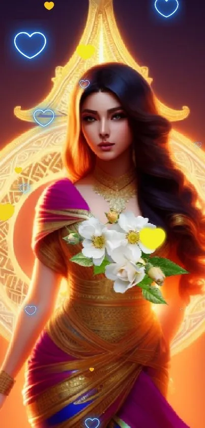 Elegant, ethereal goddess with floral accents and a glowing golden aura.