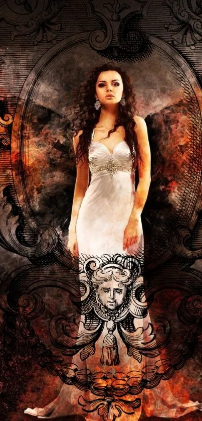 Ethereal illustrated woman in white dress with ornate design.