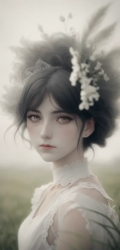 Ethereal portrait art with floral elegance and serene beauty.