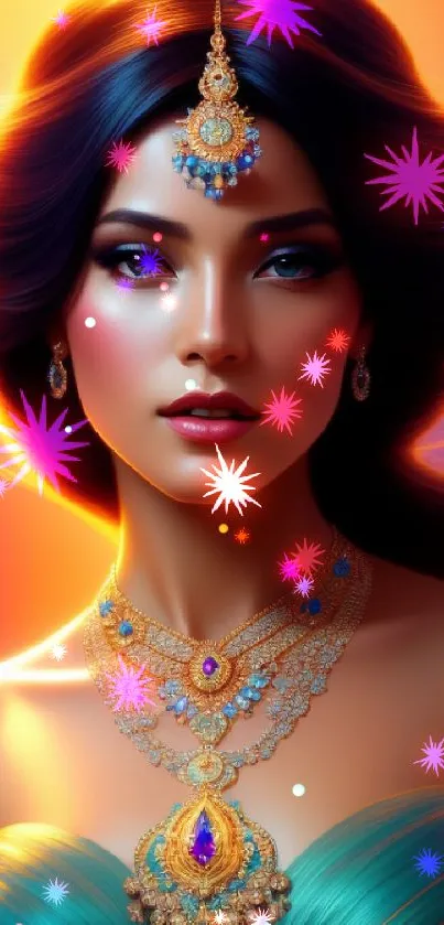 Ethereal princess with intricate jewelry in vibrant colors on a mobile wallpaper.