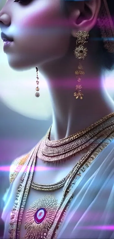 Elegant woman with jewelry in ethereal violet hues.