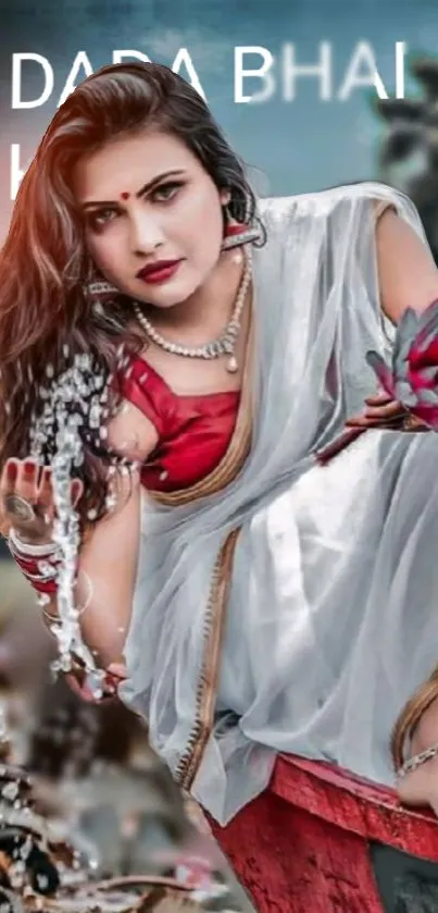 Ethereal woman in red and white sari with a flower.