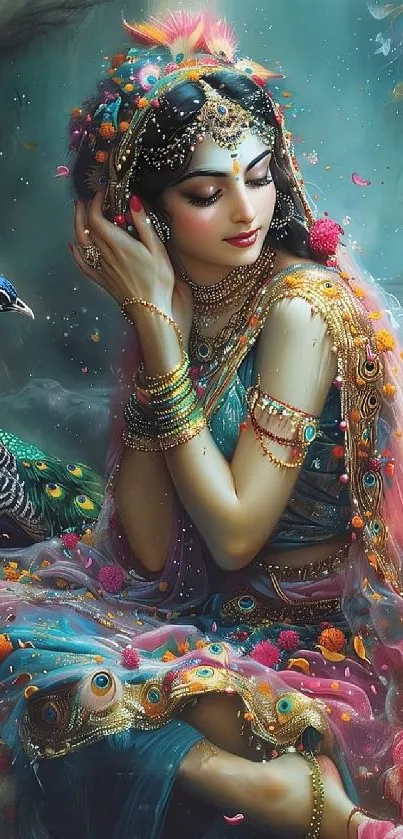 An elegantly adorned woman in traditional attire, surrounded by vibrant colors.