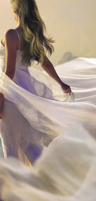 Woman in white dress with flowing fabric, ethereal setting.