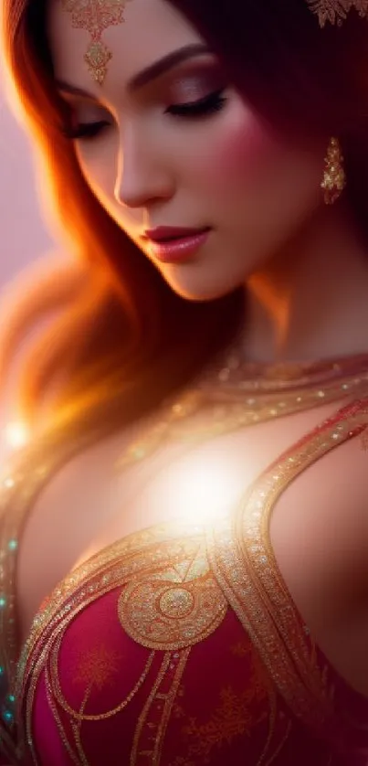 Elegant woman with gold attire in artistic wallpaper.